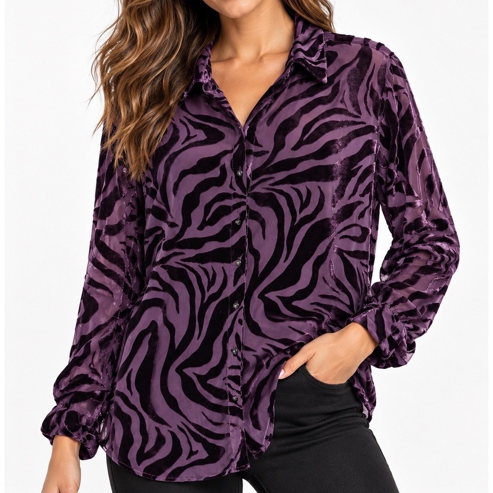 Jade Johnny Was Blouse M Purple Zebra Velvet Burnout Silk Blend Boho Animal